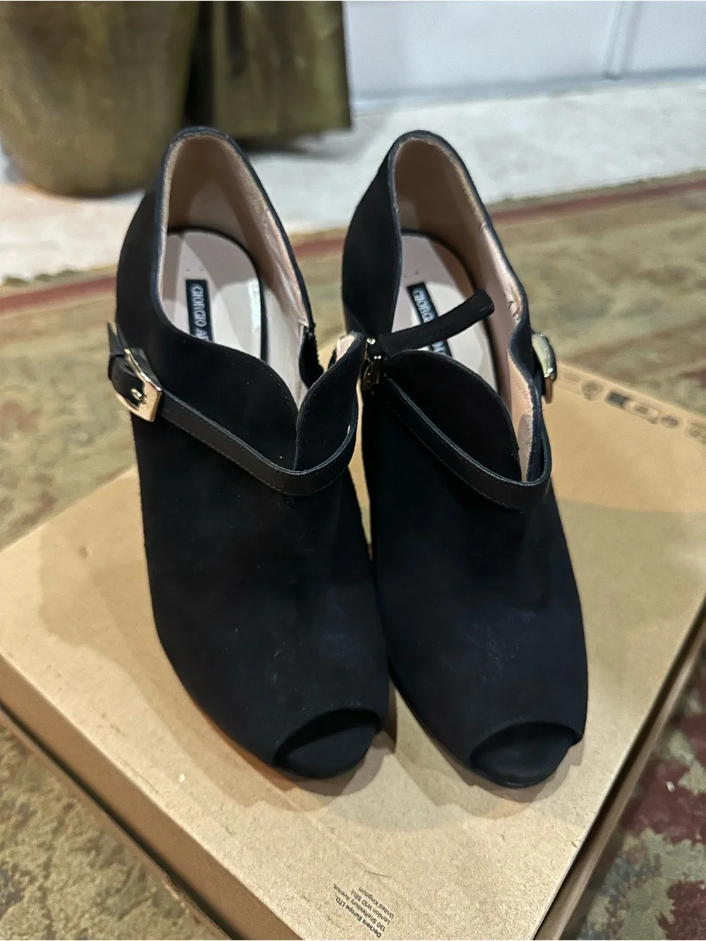 Giorgio Armani Black Suede Peep-Toe Ankle Booties with Gold Buckle Size 35